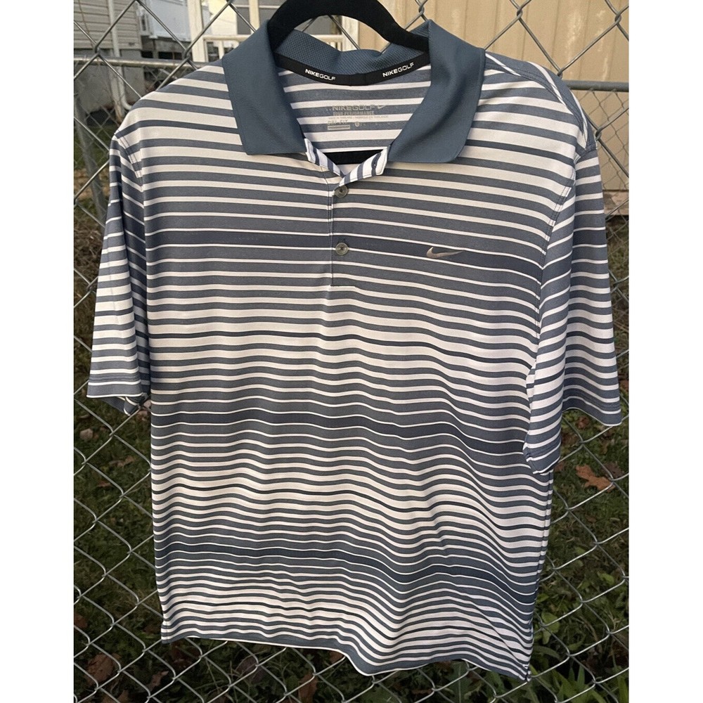 NIKE GOLF Tour Performance Dri Fit L Short Sleeve Polo Shirt Blue White Stripe